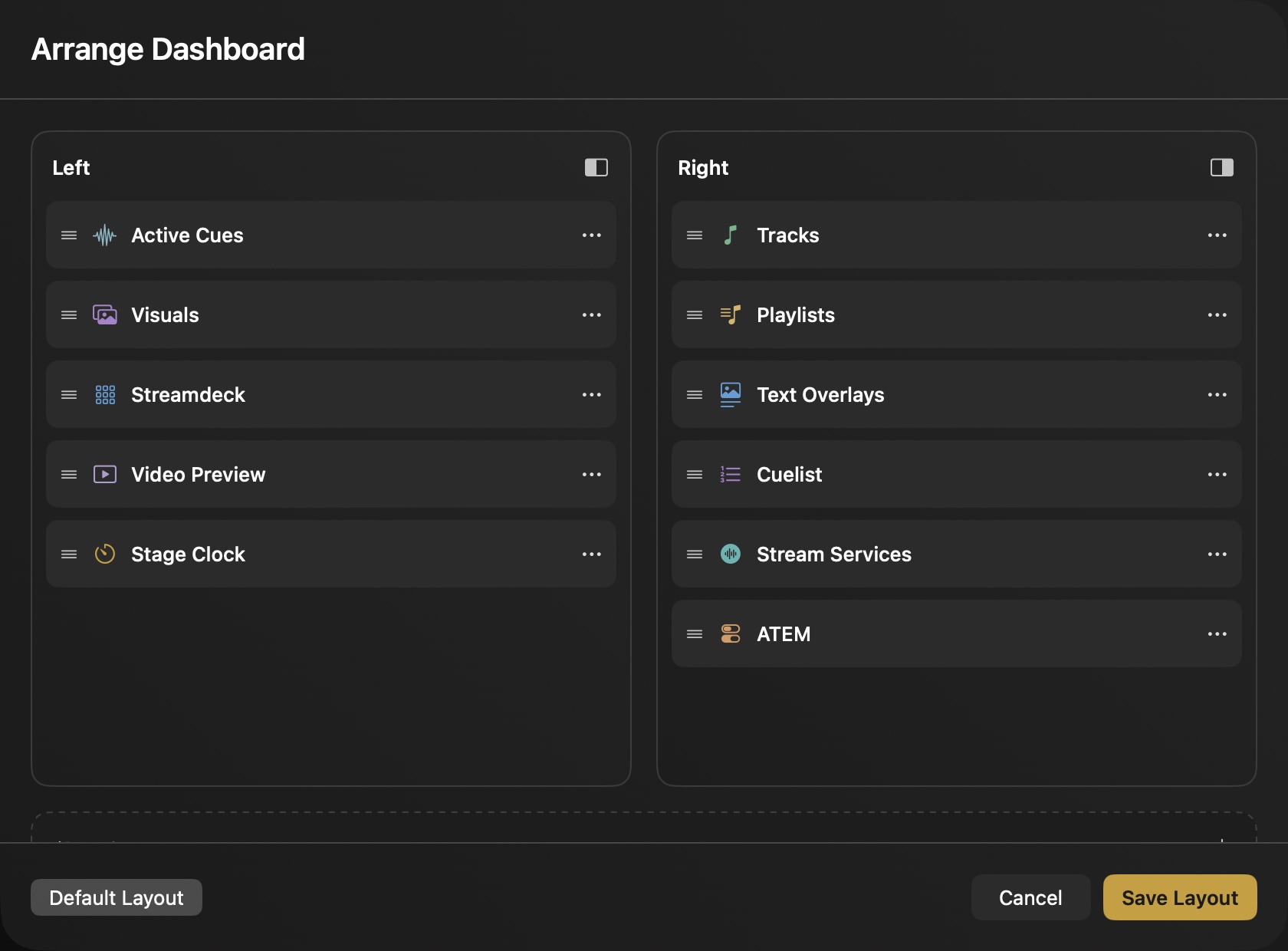Left: Active Cues, Visuals, Streamdeck, Video Preview, and Stage Clock.