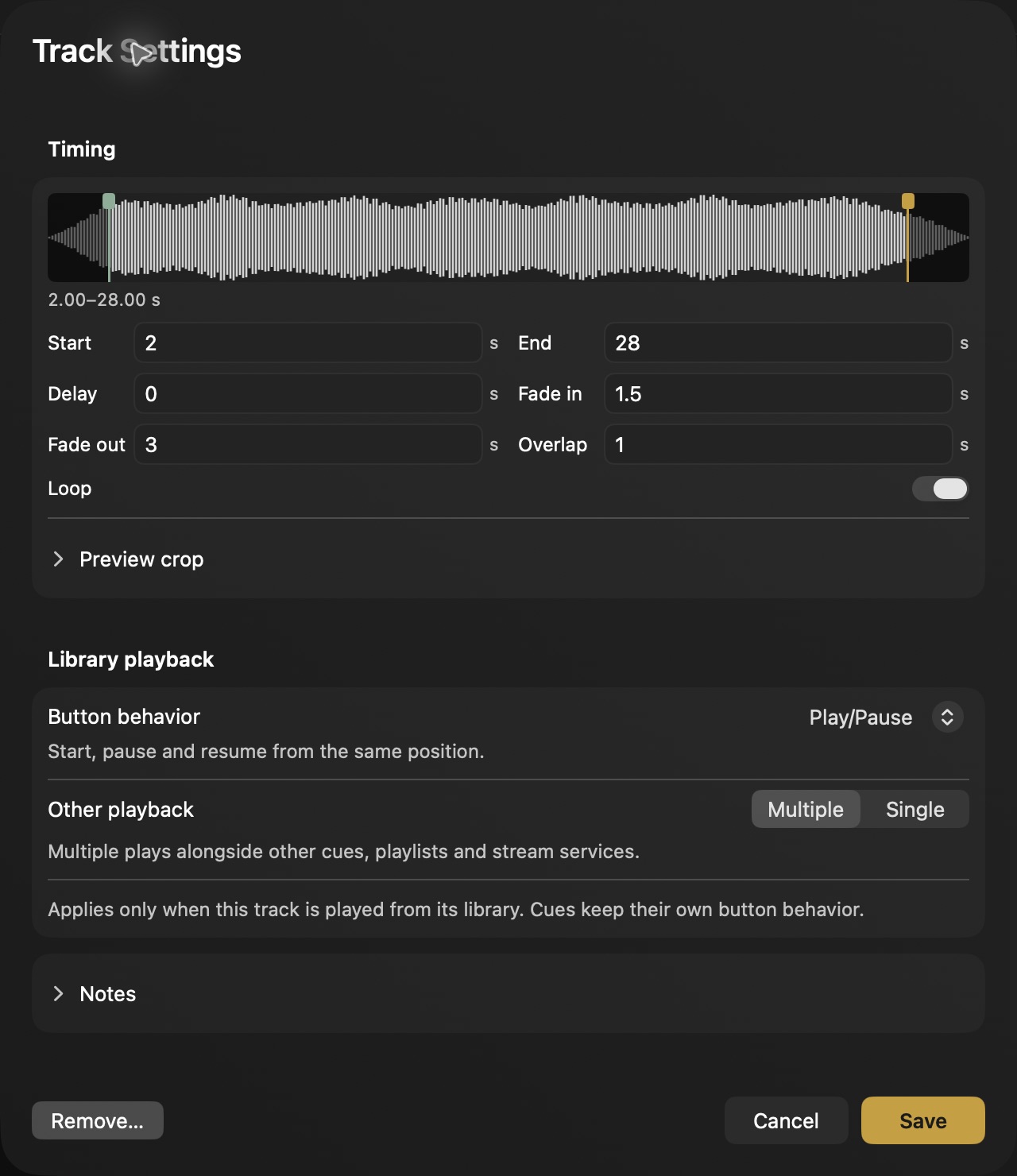 Track Settings with a waveform, a clip from 2 to 28 seconds, fades, overlap, and Loop.