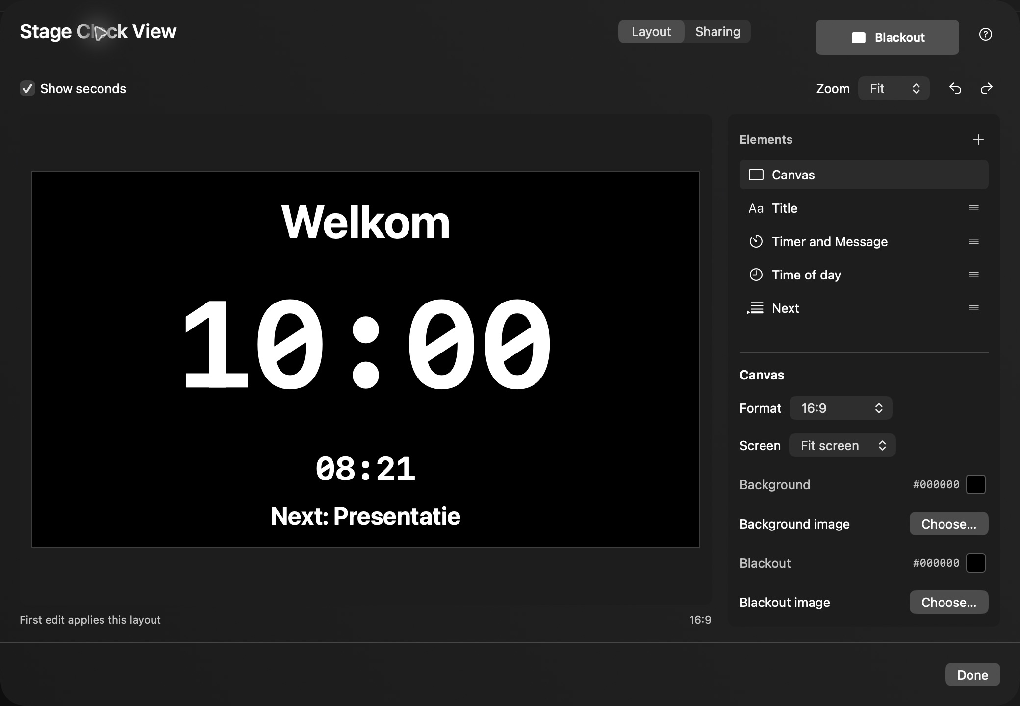 Stage Clock View with Welcome, the clock ready at 10:00, the current time, the next item, and canvas settings.