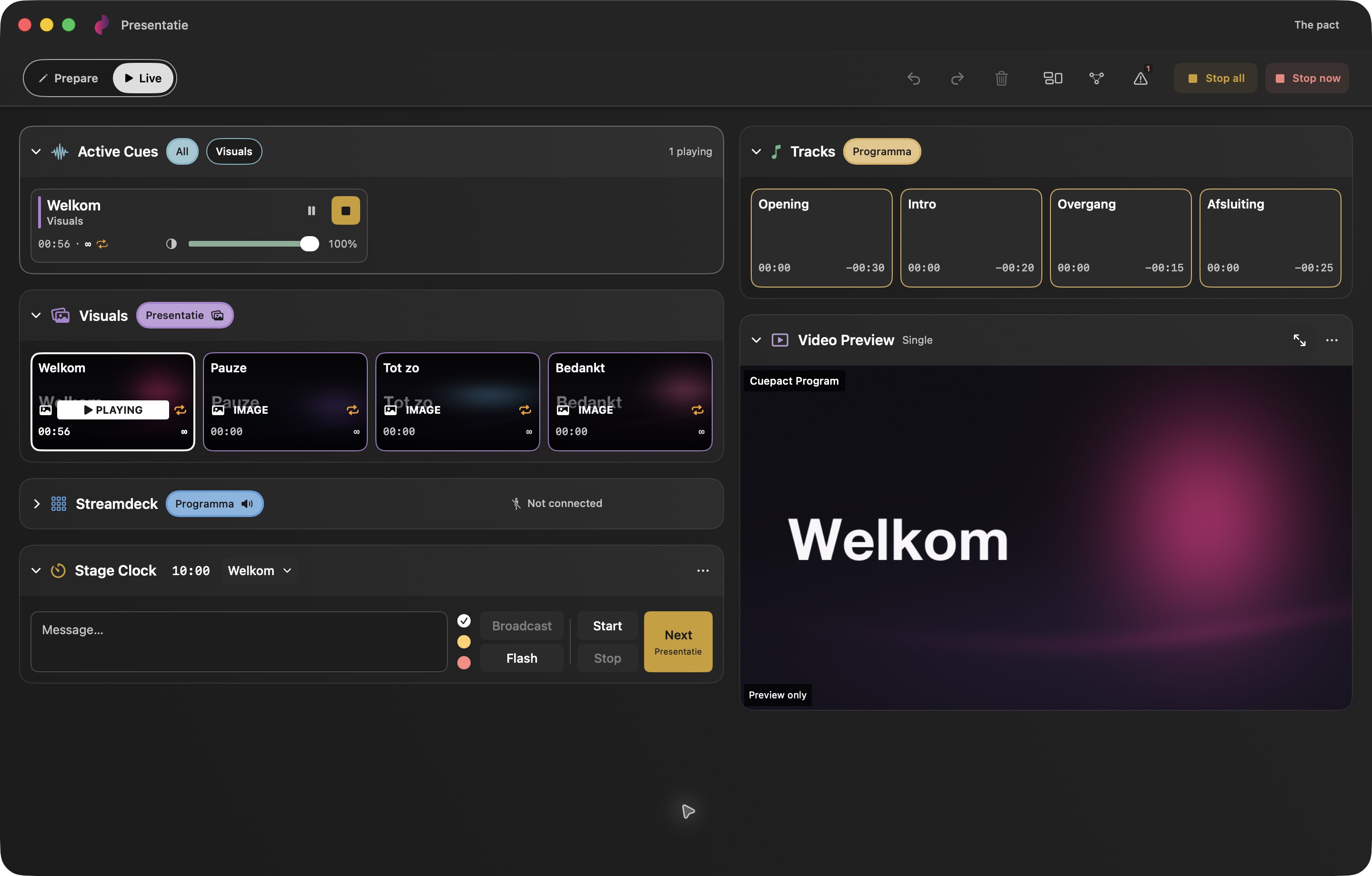 Cuepact for Mac with Active Cues, your own media, Stage Clock, and a local program preview.