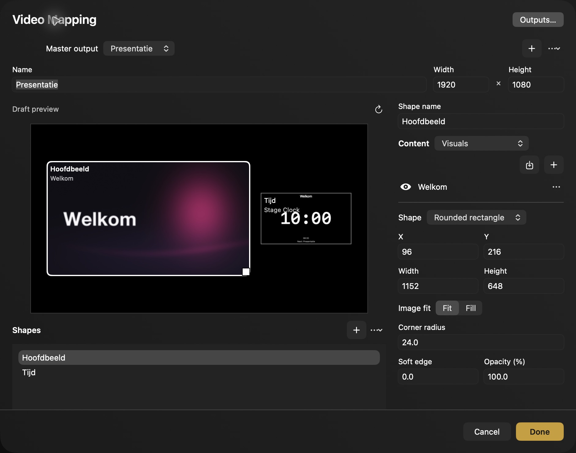 Video Mapping with Welcome and Stage Clock in two shapes, with position, dimensions, and image fill settings.