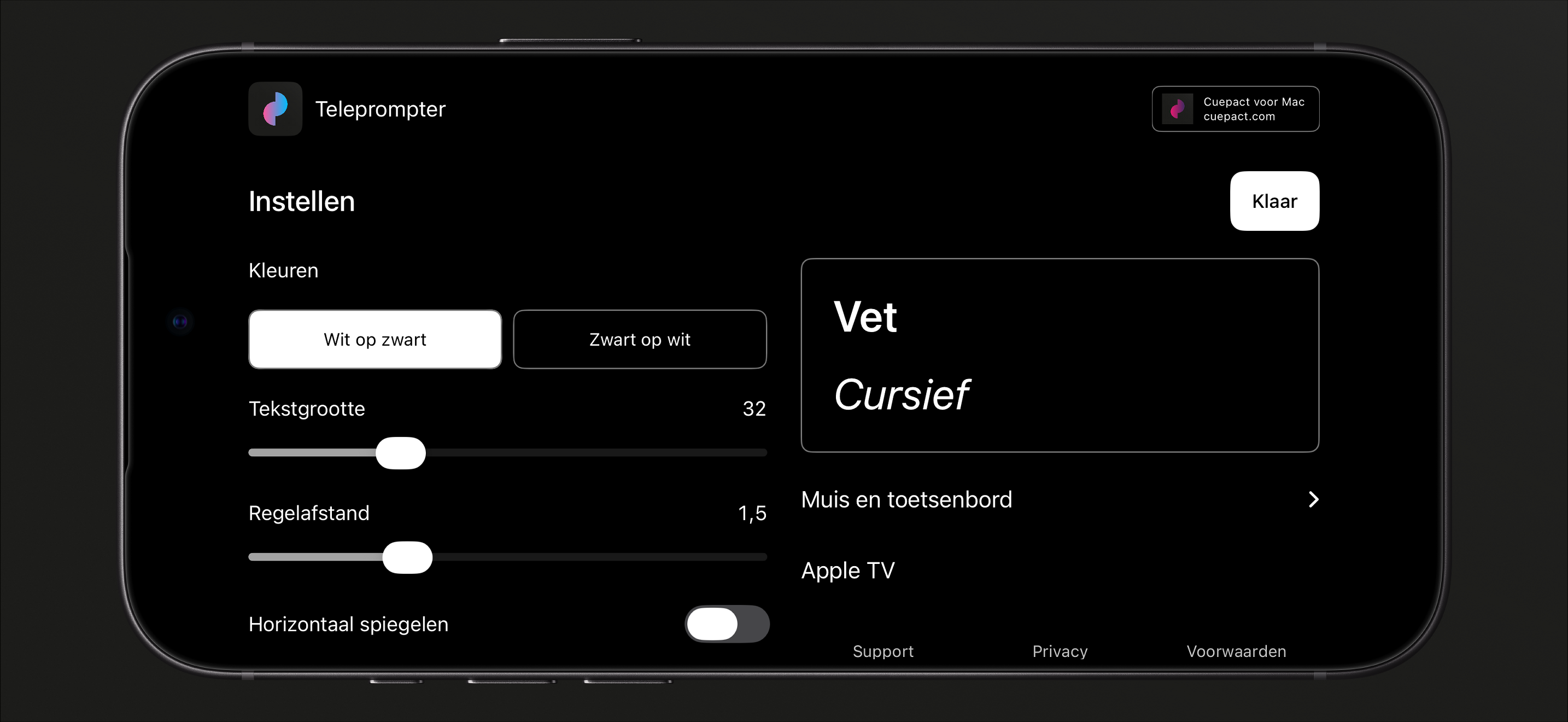 Instellingen van Cuepact Teleprompter voor kleuren, tekstgrootte, regelafstand en spiegeling.