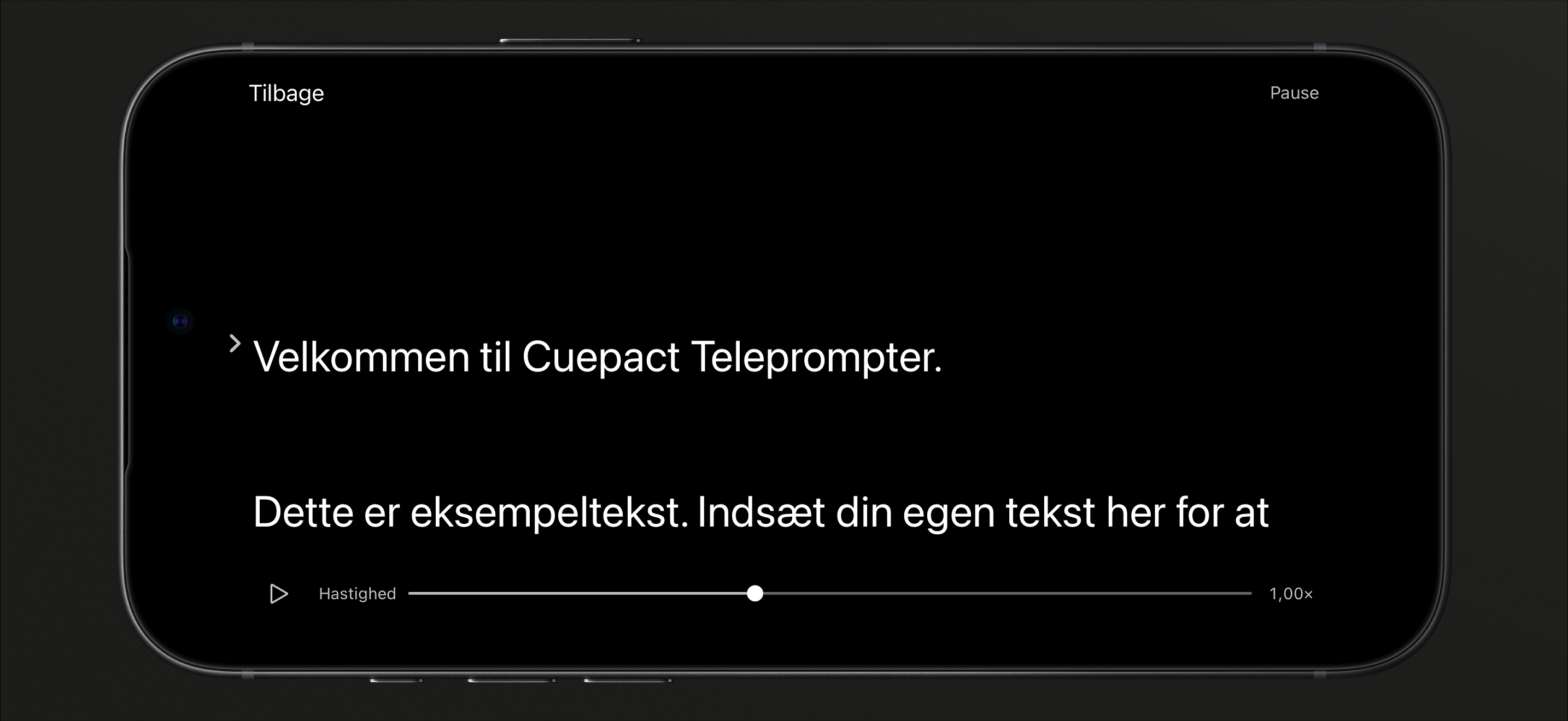 Cuepact Teleprompter på iPhone i læsetilstand på pause, med afspilningsknap og hastighedsskyder.