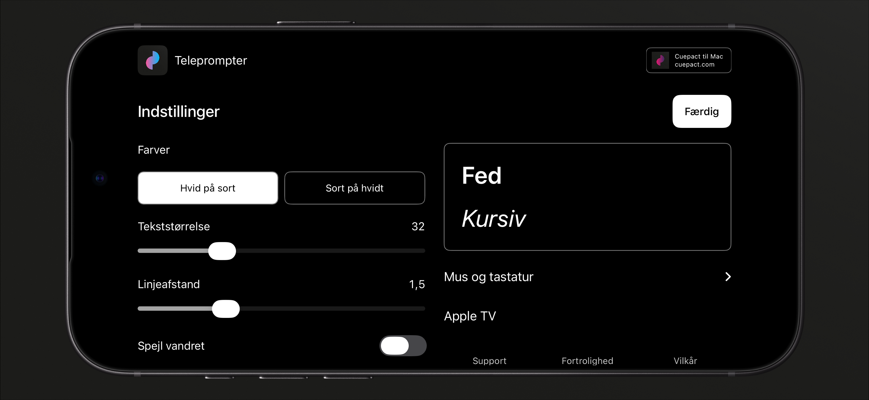 Cuepact Teleprompter indstillinger for farver, tekststørrelse, linjeafstand og spejling.