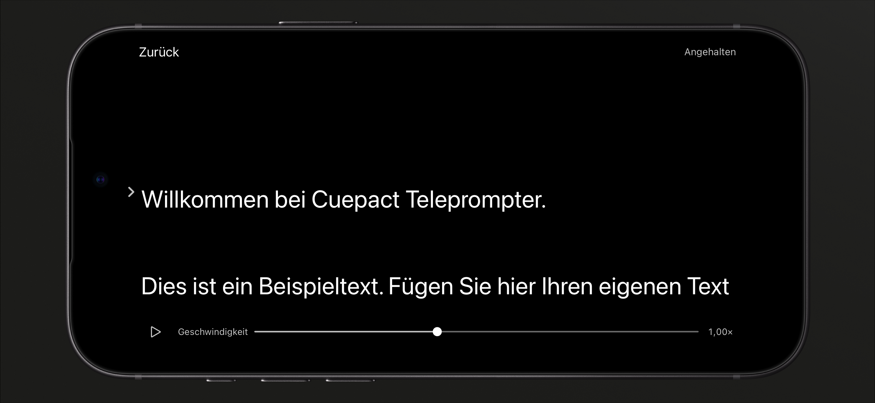 Cuepact Teleprompter auf dem iPhone im pausierten Lesemodus, mit Wiedergabetaste und Geschwindigkeitsregler.
