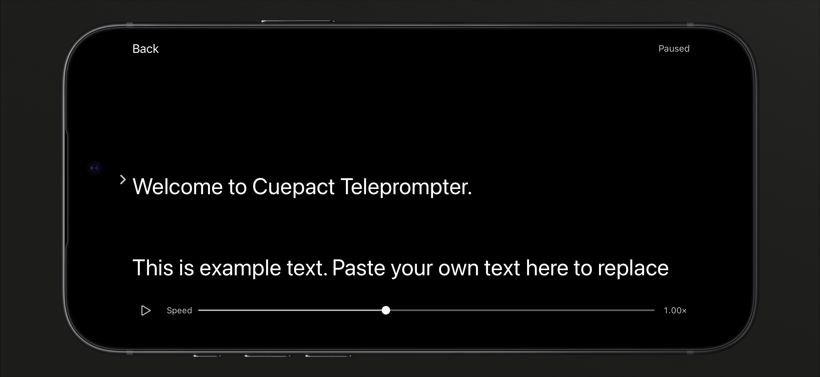 Cuepact Teleprompter on iPhone in paused reading mode, with the play button and speed slider.
