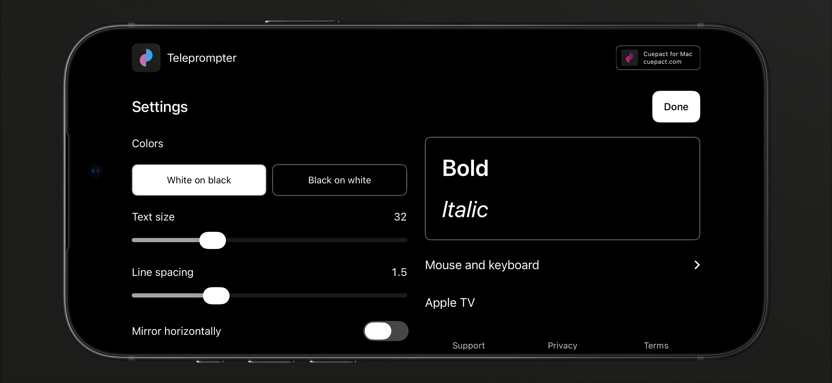 Cuepact Teleprompter settings for colors, text size, line spacing, and mirroring.