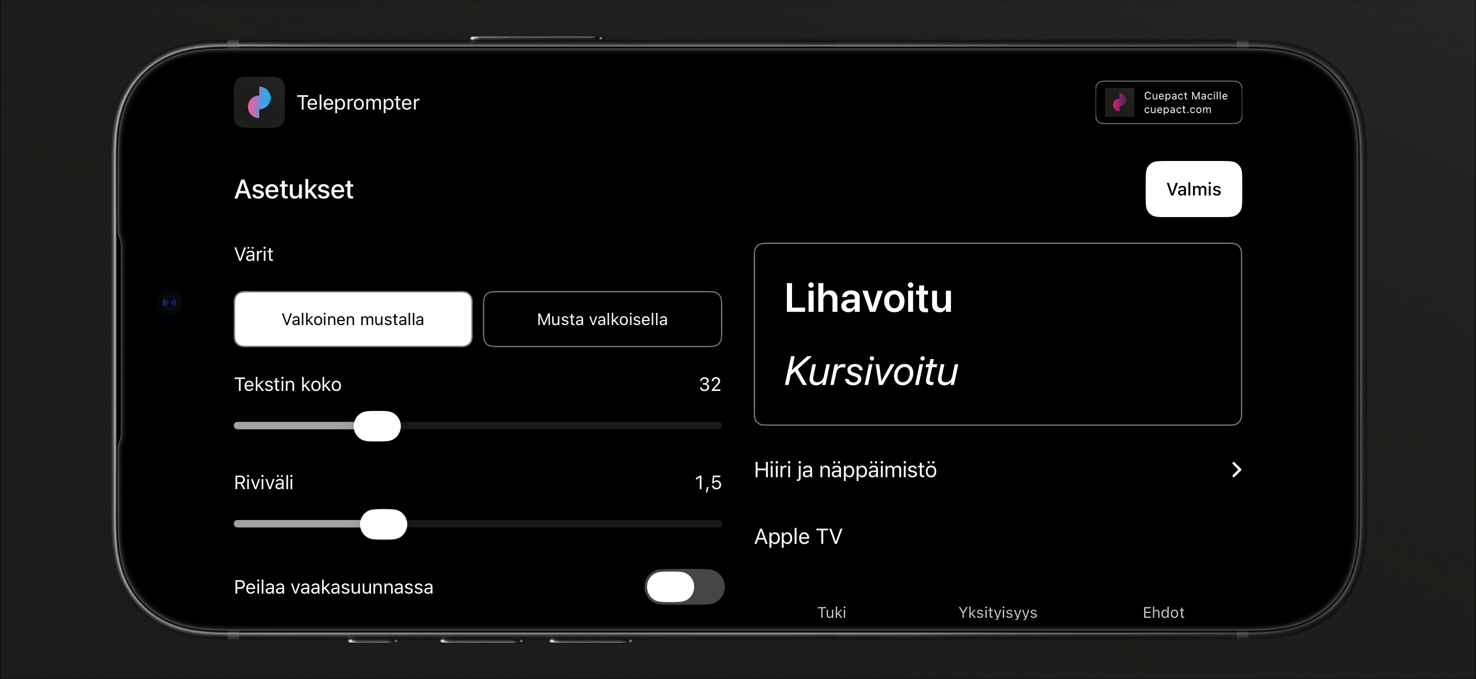 Cuepact Teleprompterin asetukset: värit, tekstin koko, riviväli ja peilaus.