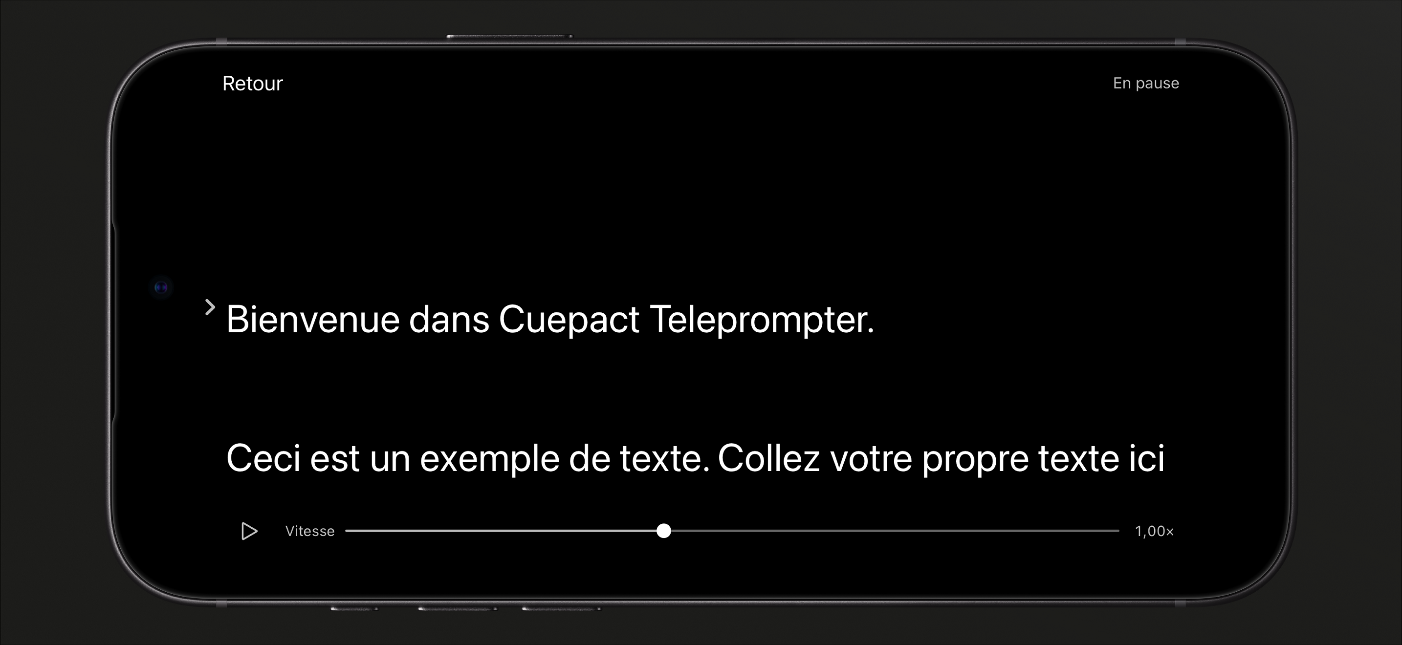 Cuepact Teleprompter sur iPhone en mode lecture en pause, avec le bouton de lecture et le curseur de vitesse.