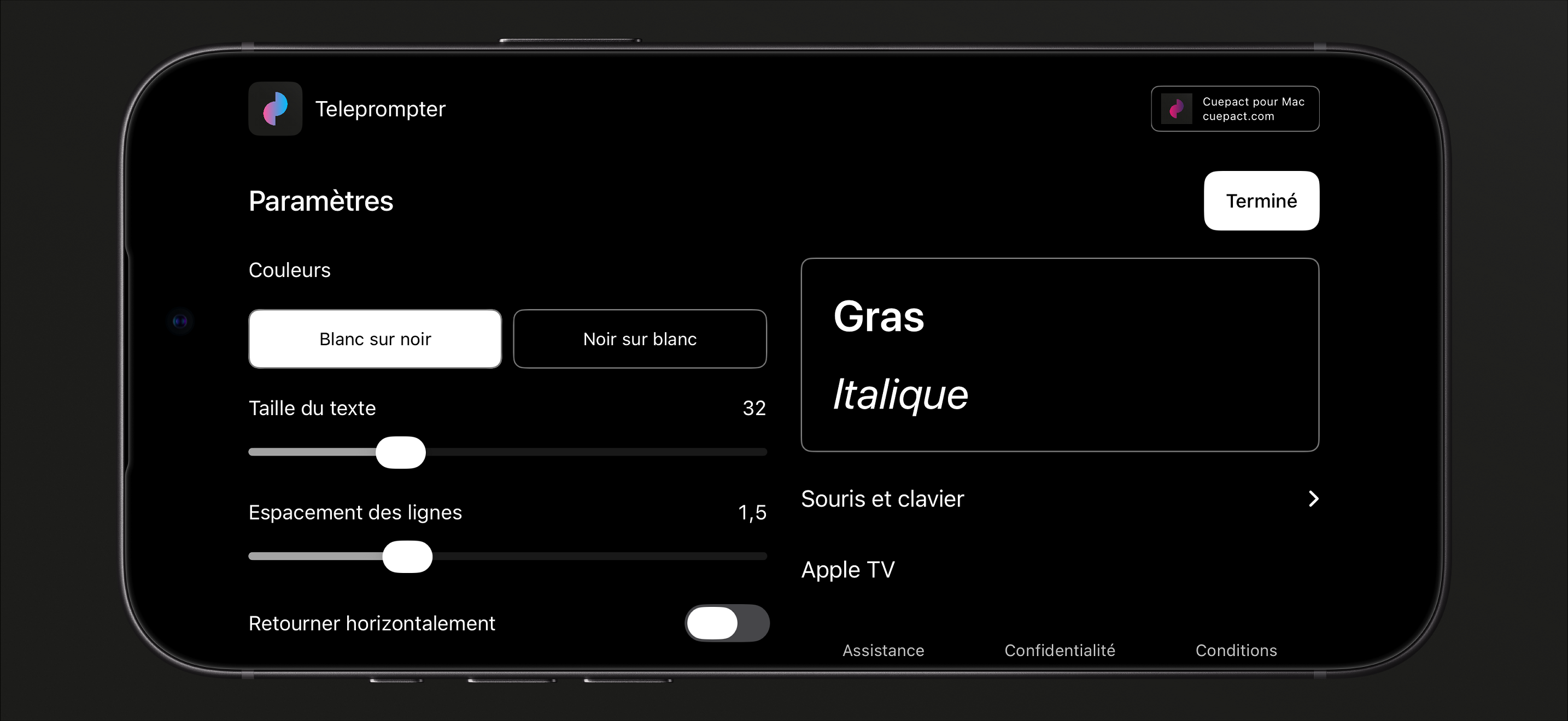 Paramètres Cuepact Teleprompter pour les couleurs, la taille du texte, l'espacement des lignes et la mise en miroir.