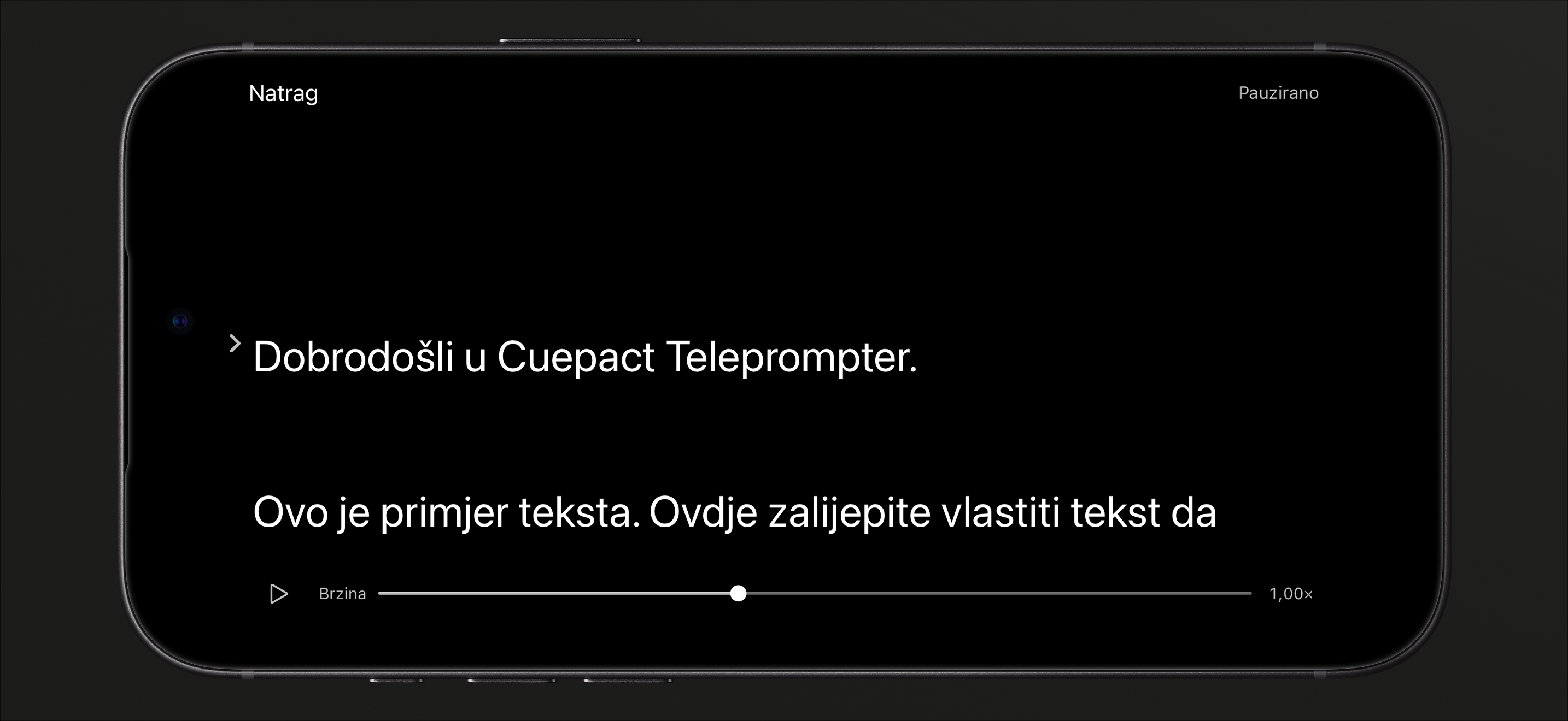Cuepact Teleprompter na iPhoneu u pauziranom načinu čitanja, s gumbom za reprodukciju i klizačem brzine.