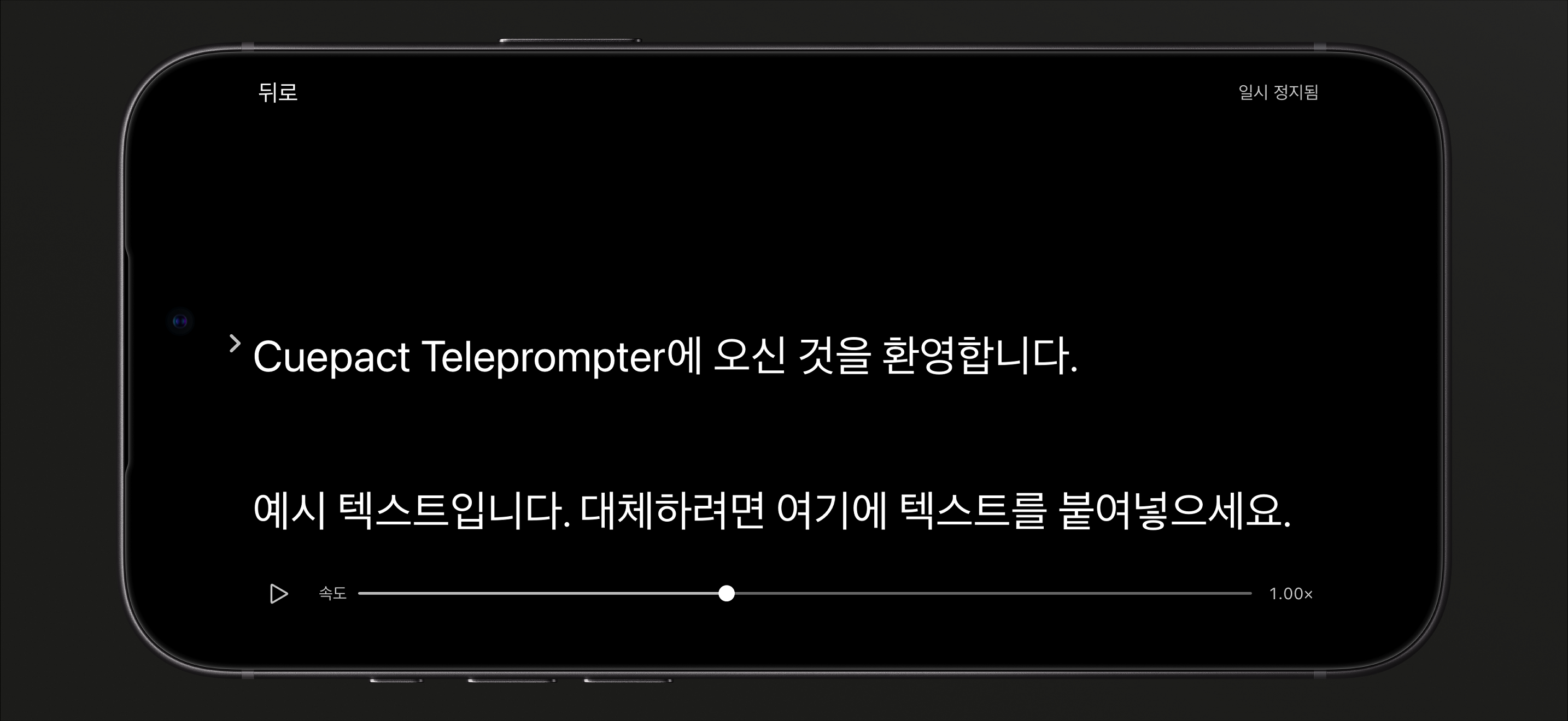 iPhone의 Cuepact Teleprompter. 일시 정지된 읽기 모드에 재생 버튼과 속도 막대가 보입니다.