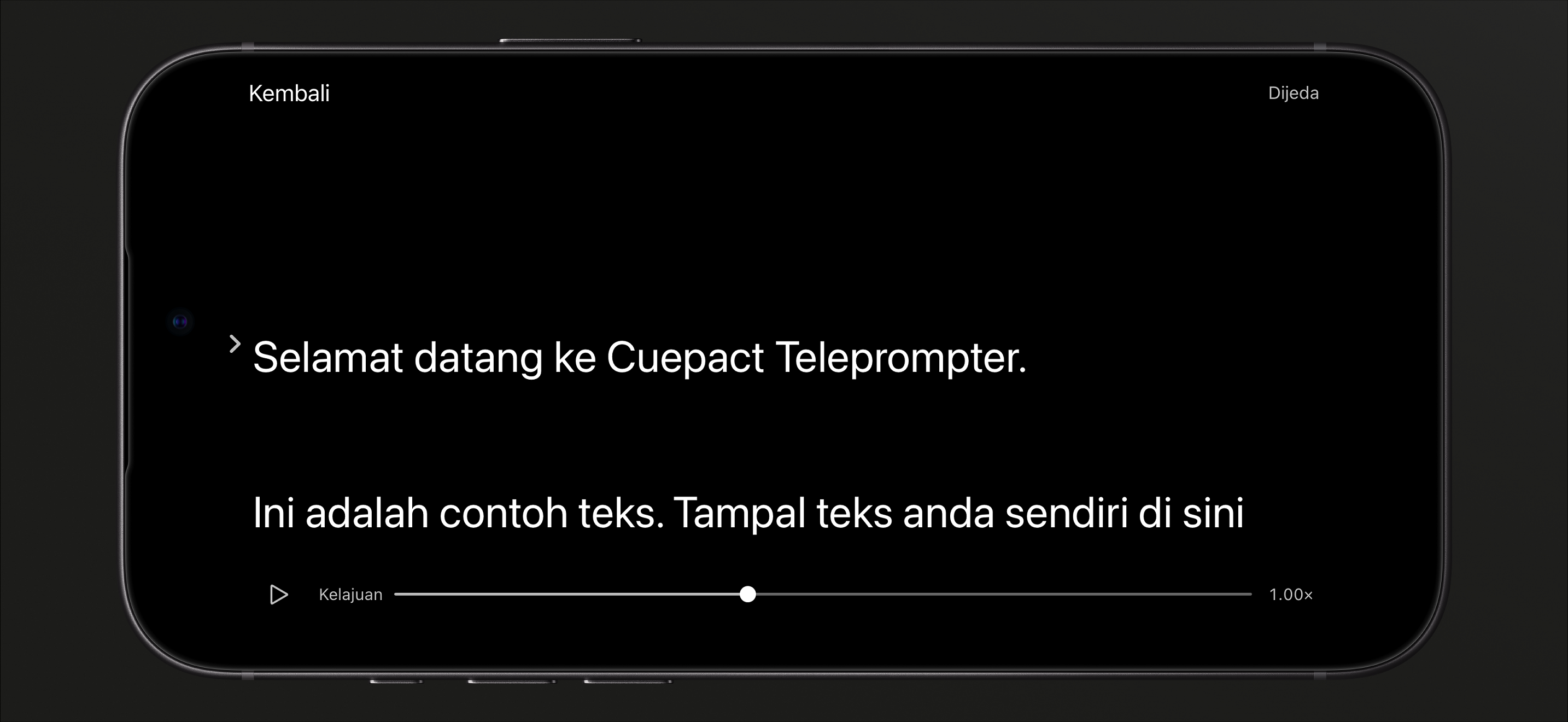 Cuepact Teleprompter pada iPhone dalam mod bacaan yang dijeda, dengan butang main dan peluncur kelajuan.