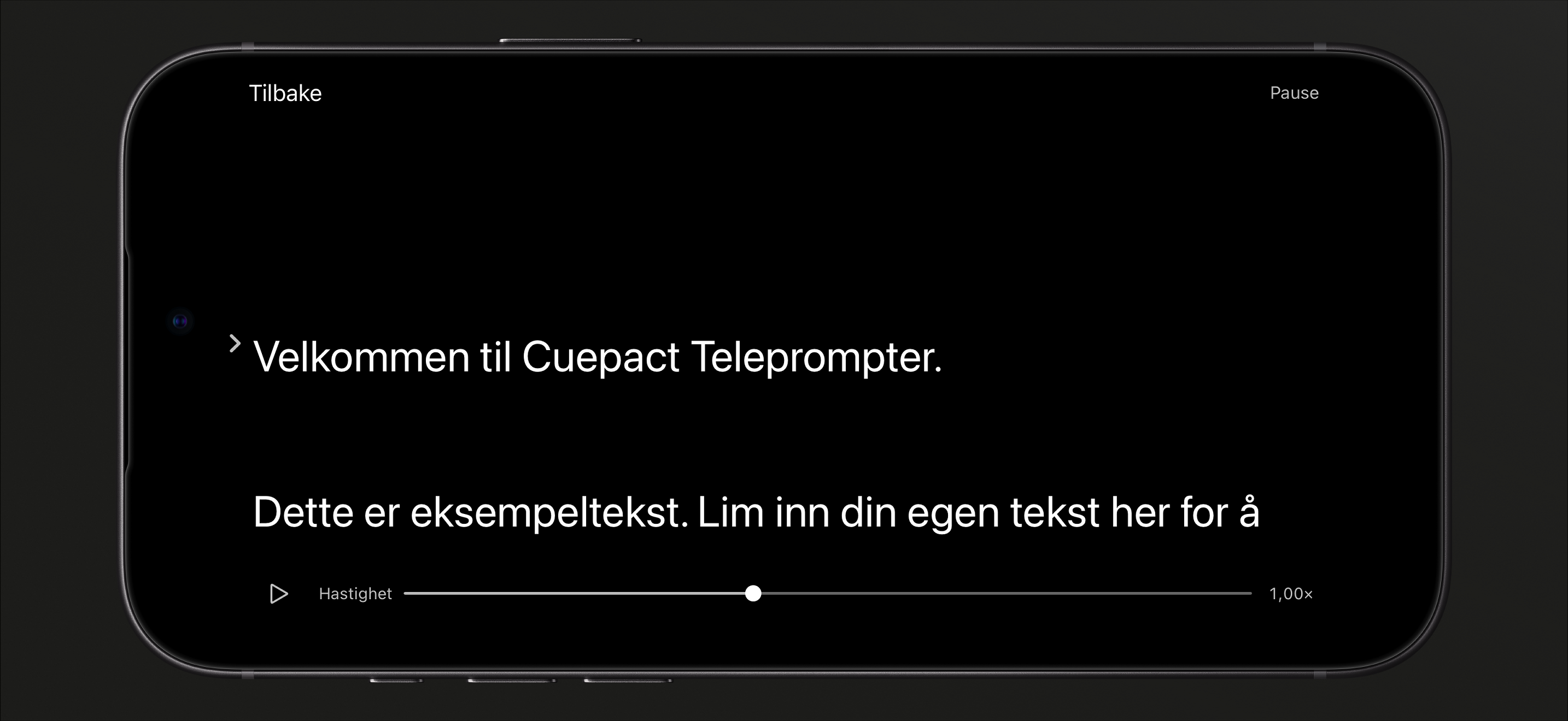 Cuepact Teleprompter på iPhone i lesemodus satt på pause, med avspillingsknapp og hastighetsglidebryter.