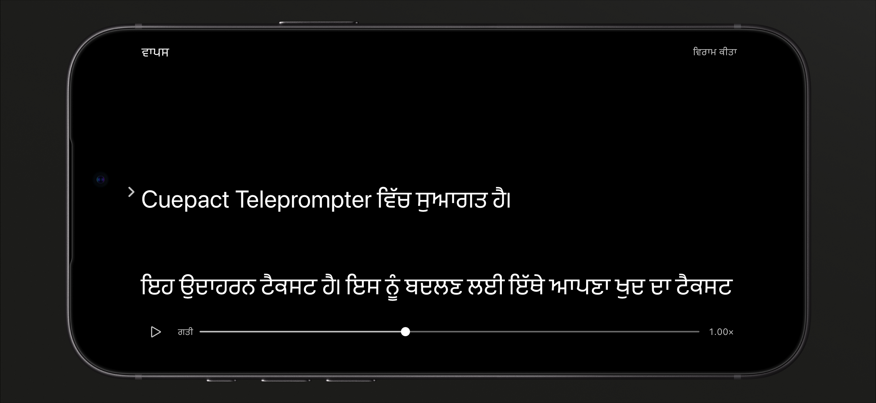 iPhone ਉੱਤੇ Cuepact Teleprompter ਦਾ ਰੁਕਿਆ ਹੋਇਆ ਪੜ੍ਹਨ ਮੋਡ, ਪਲੇ ਬਟਨ ਅਤੇ ਰਫ਼ਤਾਰ ਪੱਟੀ ਨਾਲ।