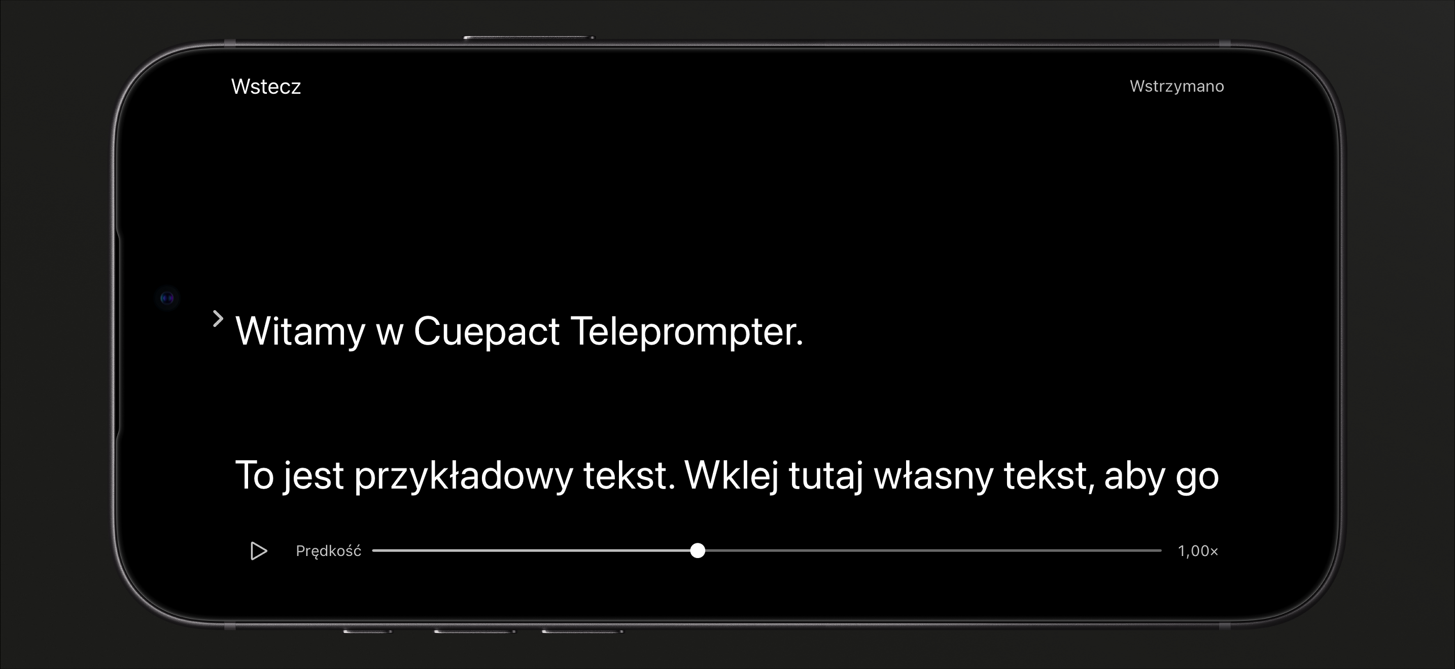 Cuepact Teleprompter na iPhonie we wstrzymanym trybie czytania, z przyciskiem odtwarzania i suwakiem prędkości.