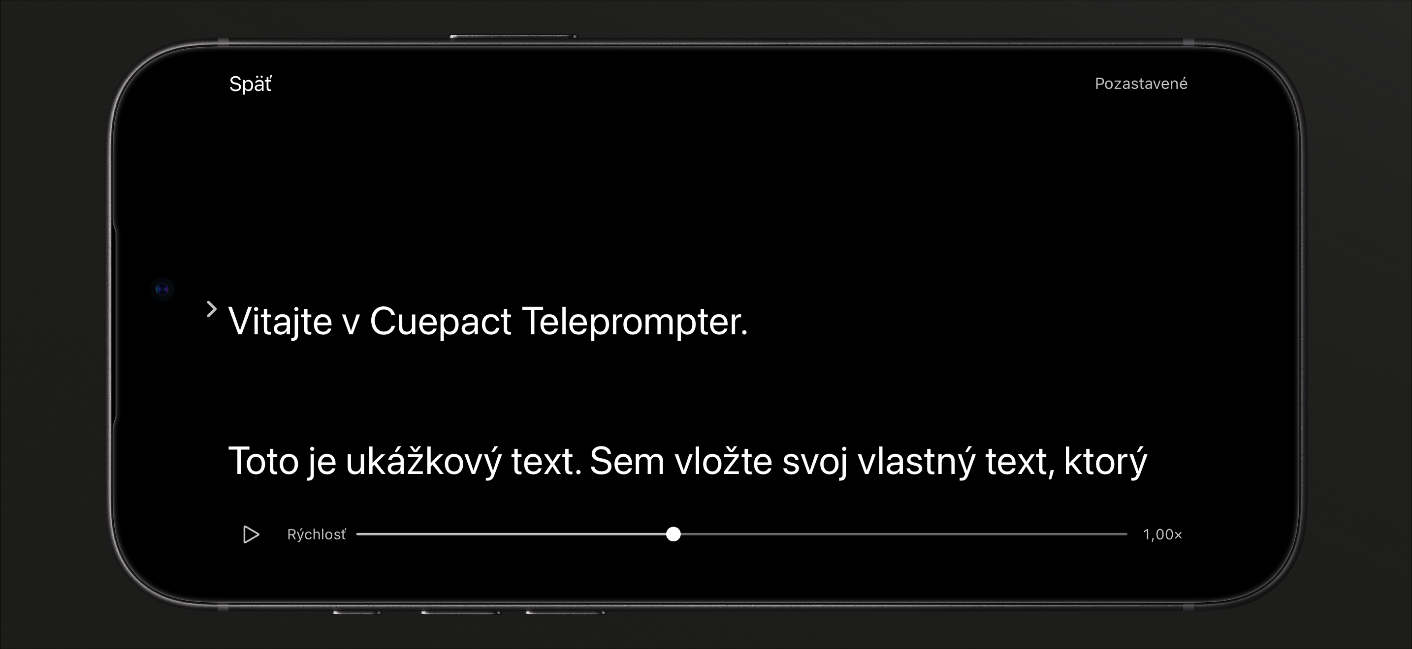 Cuepact Teleprompter na iPhone v pozastavenom režime čítania, s tlačidlom prehrávania a posuvníkom rýchlosti.