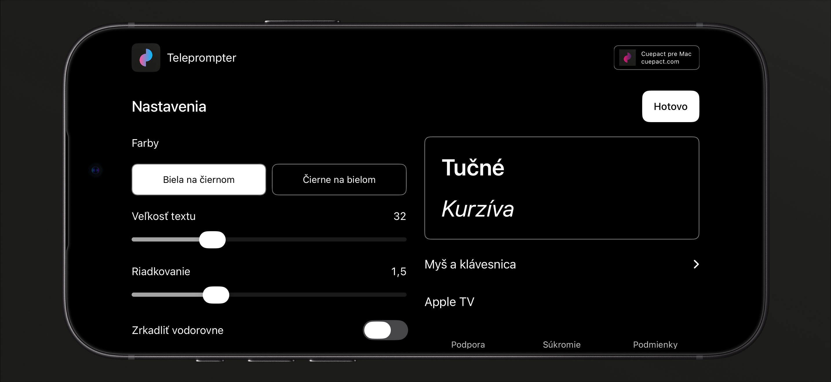 Nastavenia Cuepact Teleprompter: farby, veľkosť textu, riadkovanie a zrkadlenie.