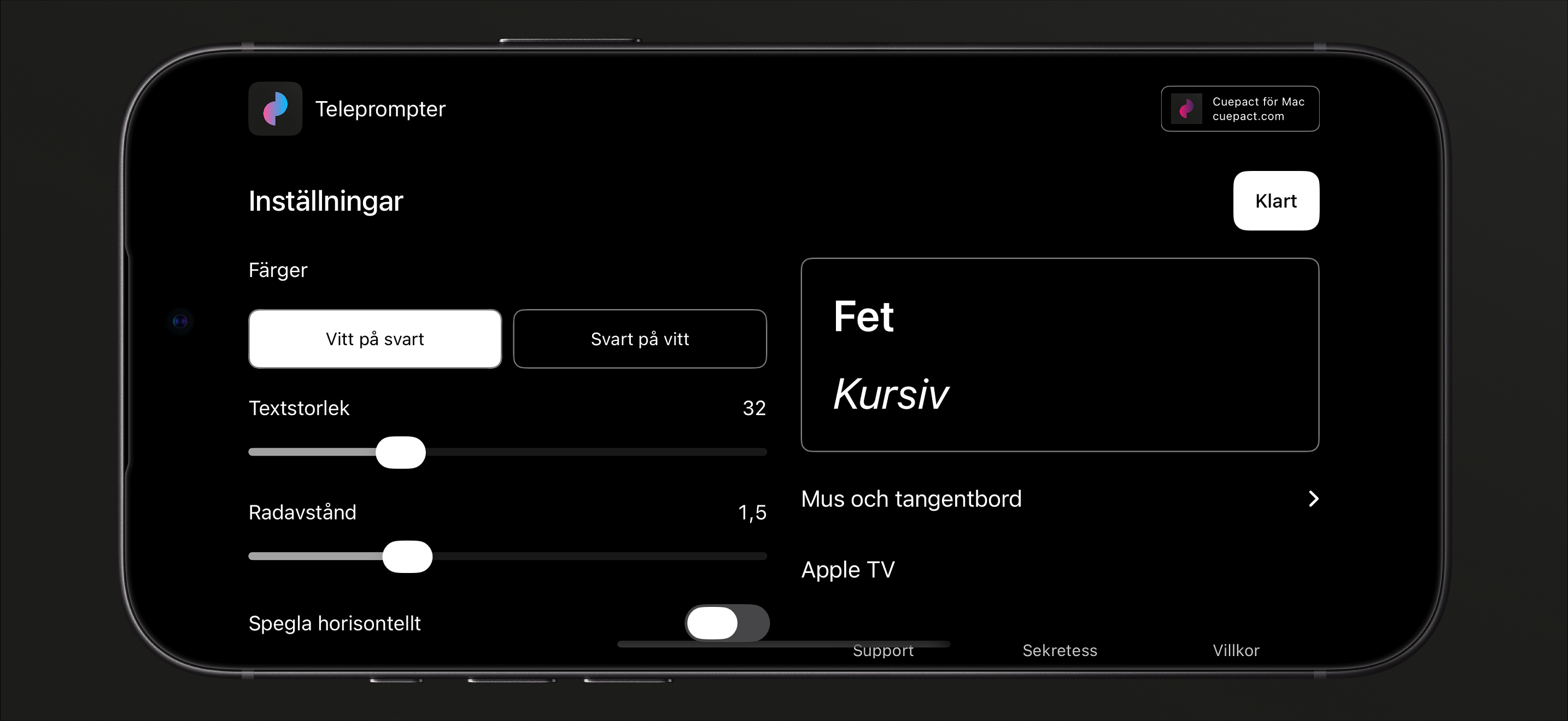 Cuepact Teleprompter inställningar för färger, textstorlek, radavstånd och spegling.